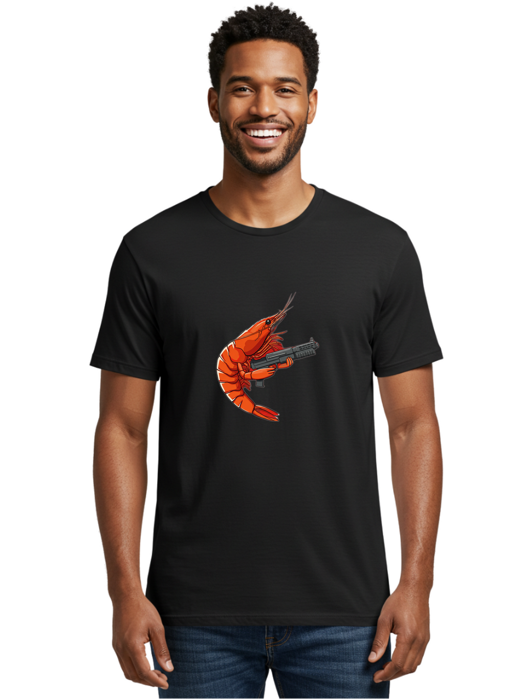 Shrimp-With-Gun-1 Men'S Graphic Tee, 100% Cotton, Comfortable Casual Summer Wear, Machine Washable, Vintage Camera, Old Camera, Antique Camera, Black Camera, Classic Photography, Photography Equipment, Nostalgic Device, Film Camera, Camera Art Ban460