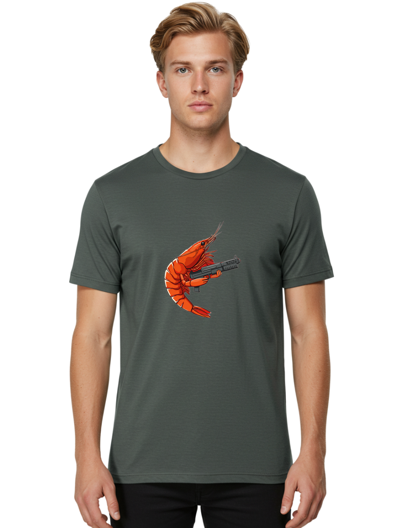 Shrimp-With-Gun-1 Men'S Graphic Tee, 100% Cotton, Comfortable Casual Summer Wear, Machine Washable, Vintage Camera, Old Camera, Antique Camera, Black Camera, Classic Photography, Photography Equipment, Nostalgic Device, Film Camera, Camera Art Ban460