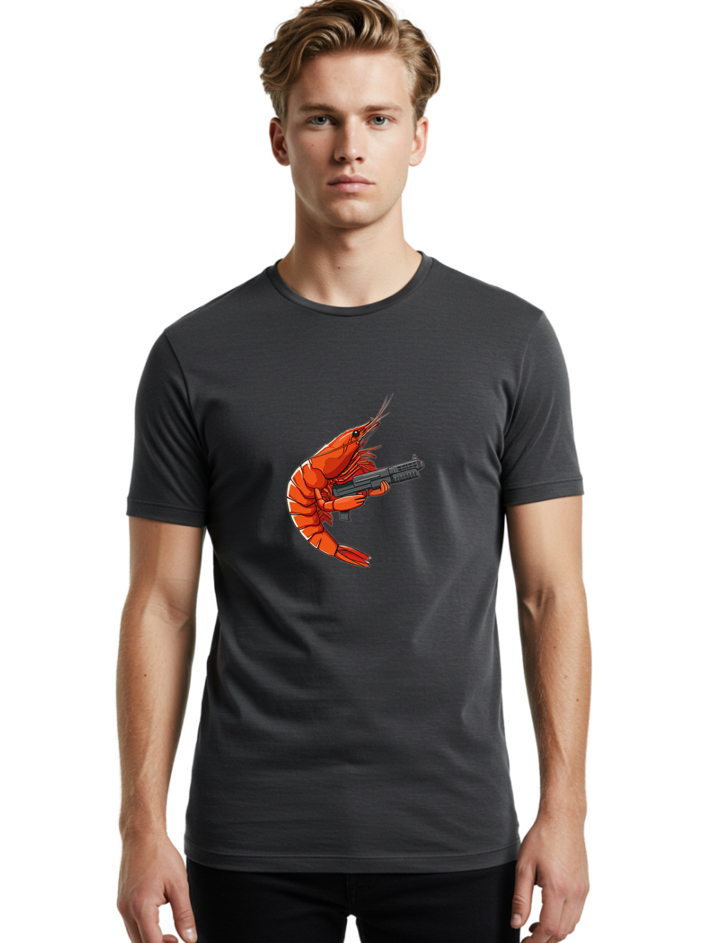 Shrimp-With-Gun-1 Men'S Graphic Tee, 100% Cotton, Comfortable Casual Summer Wear, Machine Washable, Vintage Camera, Old Camera, Antique Camera, Black Camera, Classic Photography, Photography Equipment, Nostalgic Device, Film Camera, Camera Art Ban460
