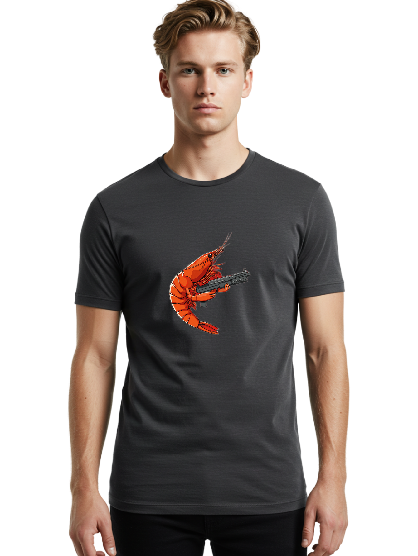 Shrimp-With-Gun-1 Men'S Graphic Tee, 100% Cotton, Comfortable Casual Summer Wear, Machine Washable, Vintage Camera, Old Camera, Antique Camera, Black Camera, Classic Photography, Photography Equipment, Nostalgic Device, Film Camera, Camera Art Ban460