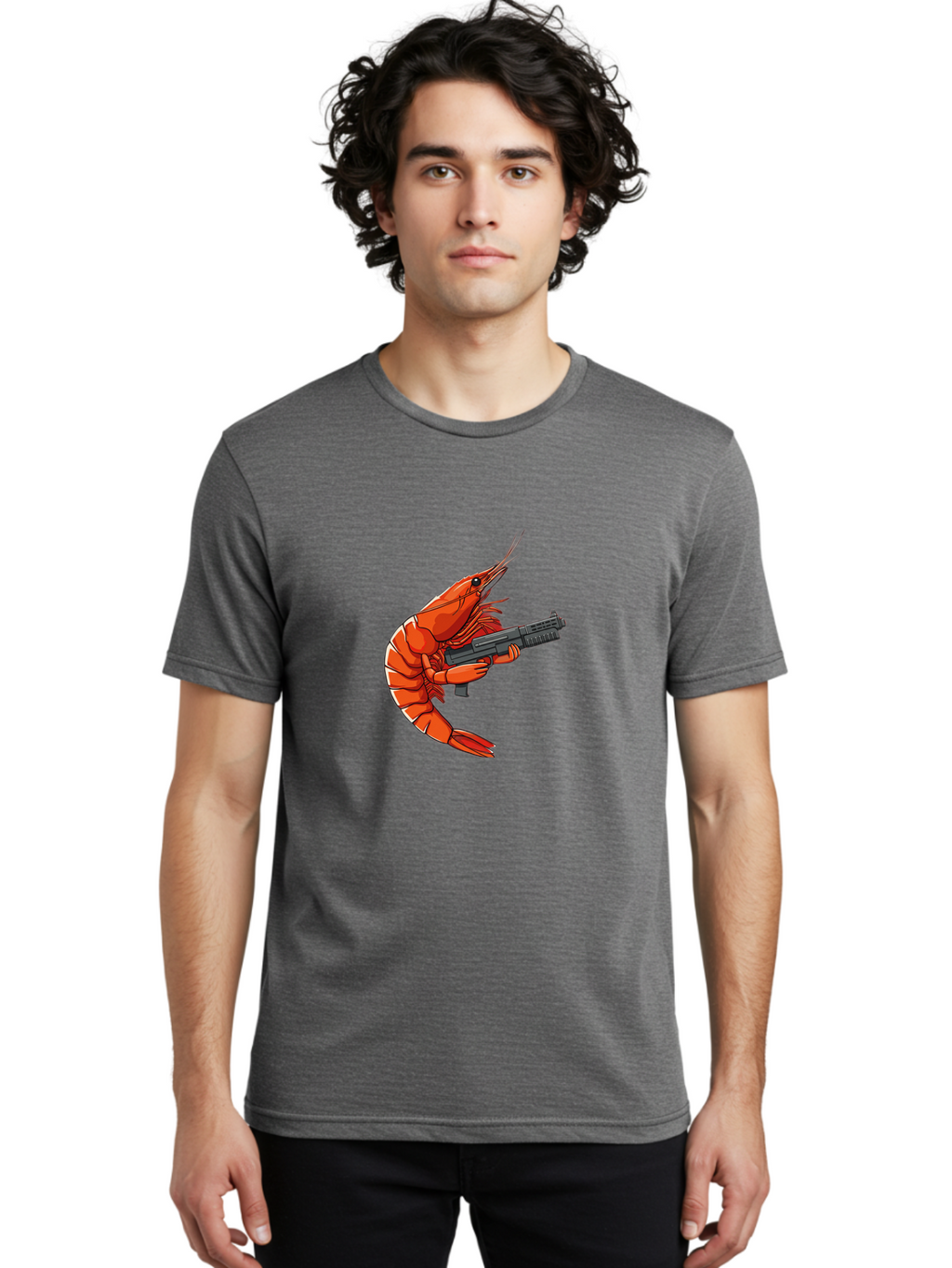 Shrimp-With-Gun-1 Men'S Graphic Tee, 100% Cotton, Comfortable Casual Summer Wear, Machine Washable, Vintage Camera, Old Camera, Antique Camera, Black Camera, Classic Photography, Photography Equipment, Nostalgic Device, Film Camera, Camera Art Ban460