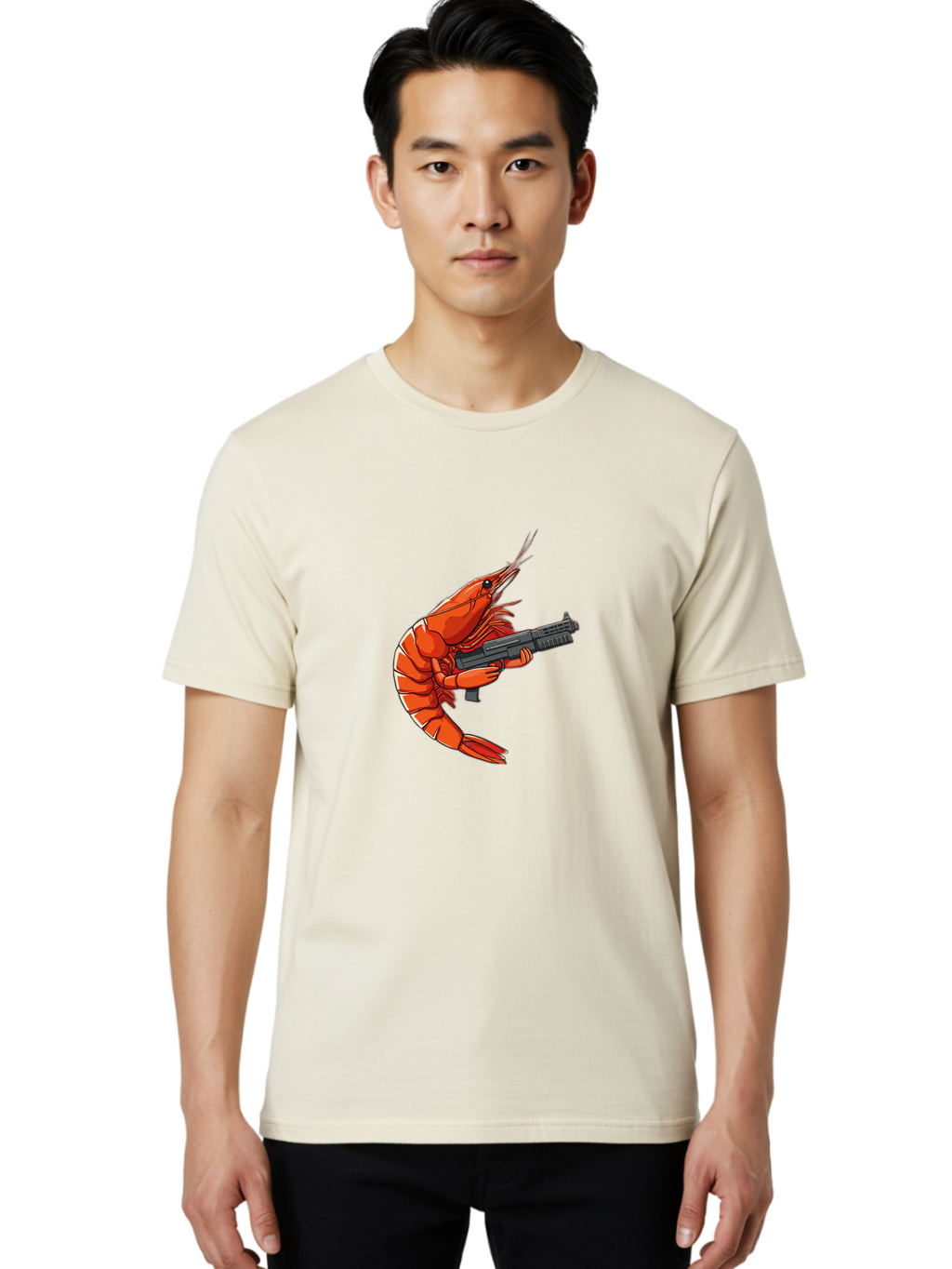 Shrimp-With-Gun-1 Men'S Graphic Tee, 100% Cotton, Comfortable Casual Summer Wear, Machine Washable, Vintage Camera, Old Camera, Antique Camera, Black Camera, Classic Photography, Photography Equipment, Nostalgic Device, Film Camera, Camera Art Ban460