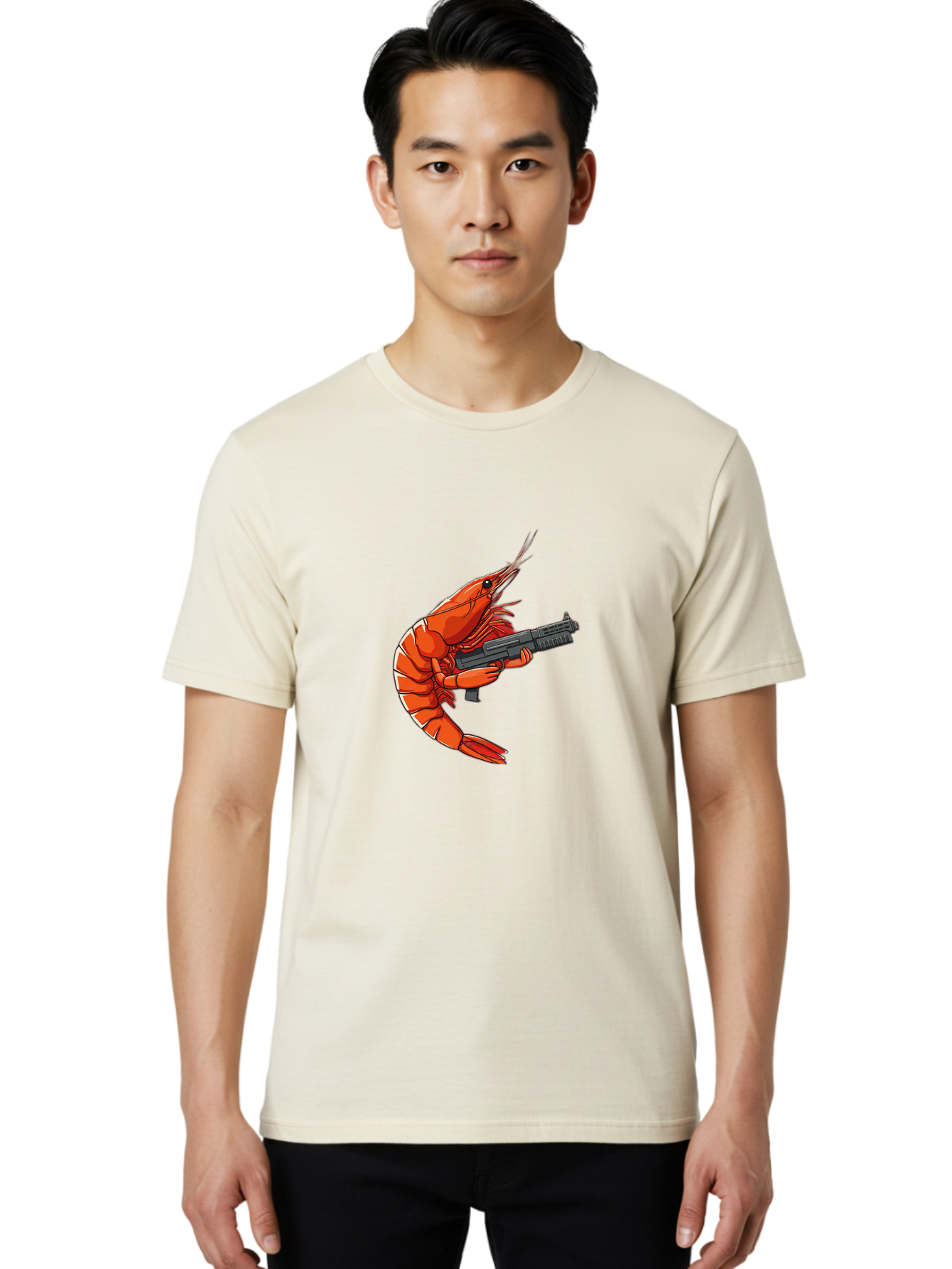 Shrimp-With-Gun-1 Men'S Graphic Tee, 100% Cotton, Comfortable Casual Summer Wear, Machine Washable, Vintage Camera, Old Camera, Antique Camera, Black Camera, Classic Photography, Photography Equipment, Nostalgic Device, Film Camera, Camera Art Ban460