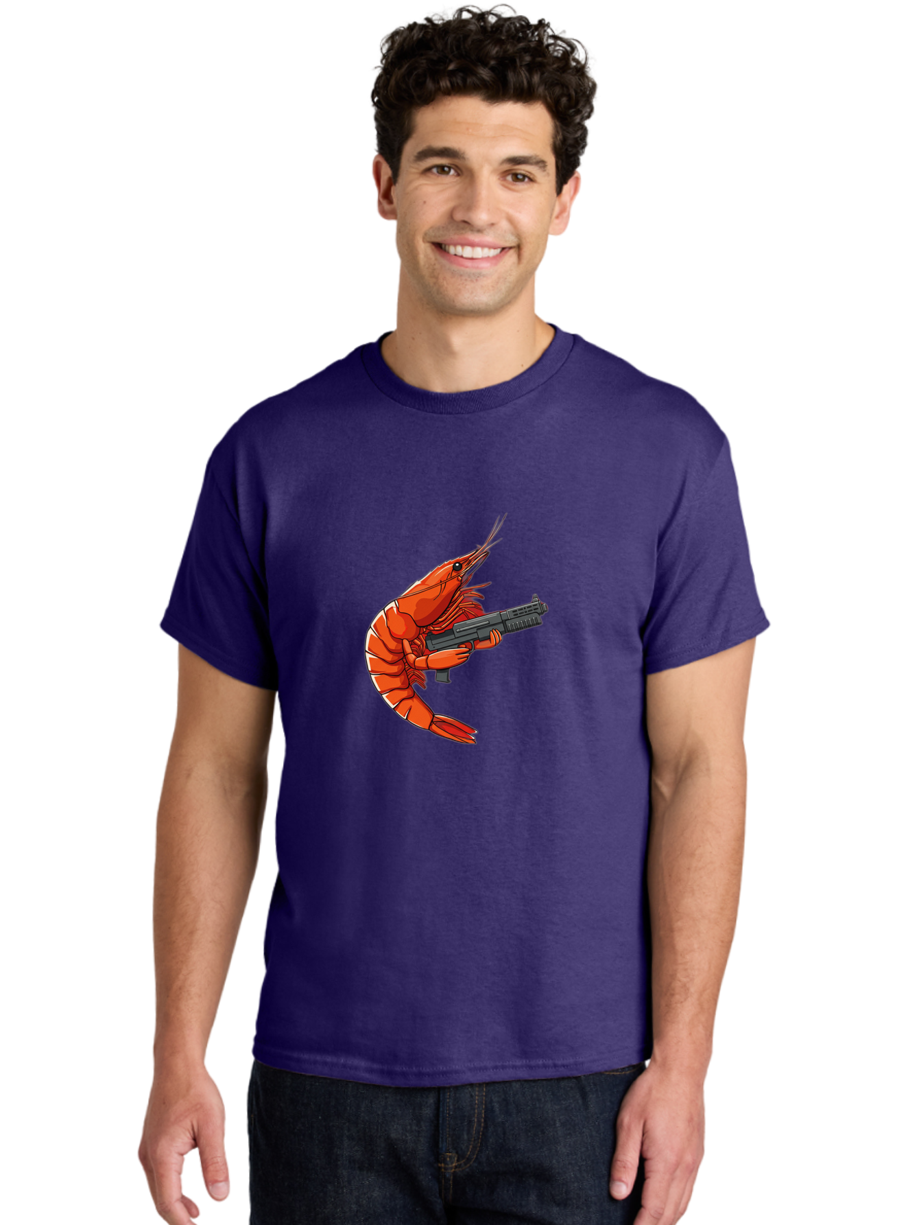 Shrimp-With-Gun-1 Men'S Graphic Tee, 100% Cotton, Comfortable Casual Summer Wear, Machine Washable, Vintage Camera, Old Camera, Antique Camera, Black Camera, Classic Photography, Photography Equipment, Nostalgic Device, Film Camera, Camera Art Ban460