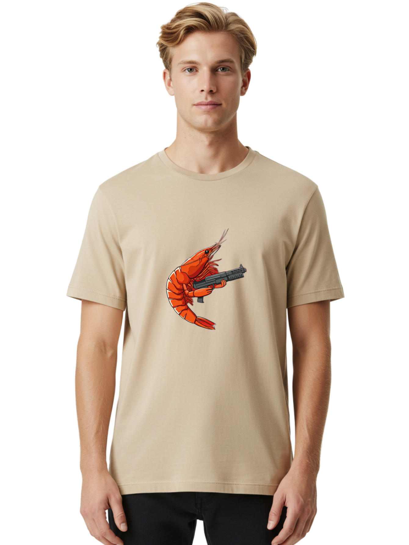 Shrimp-With-Gun-1 Men'S Graphic Tee, 100% Cotton, Comfortable Casual Summer Wear, Machine Washable, Vintage Camera, Old Camera, Antique Camera, Black Camera, Classic Photography, Photography Equipment, Nostalgic Device, Film Camera, Camera Art Ban460