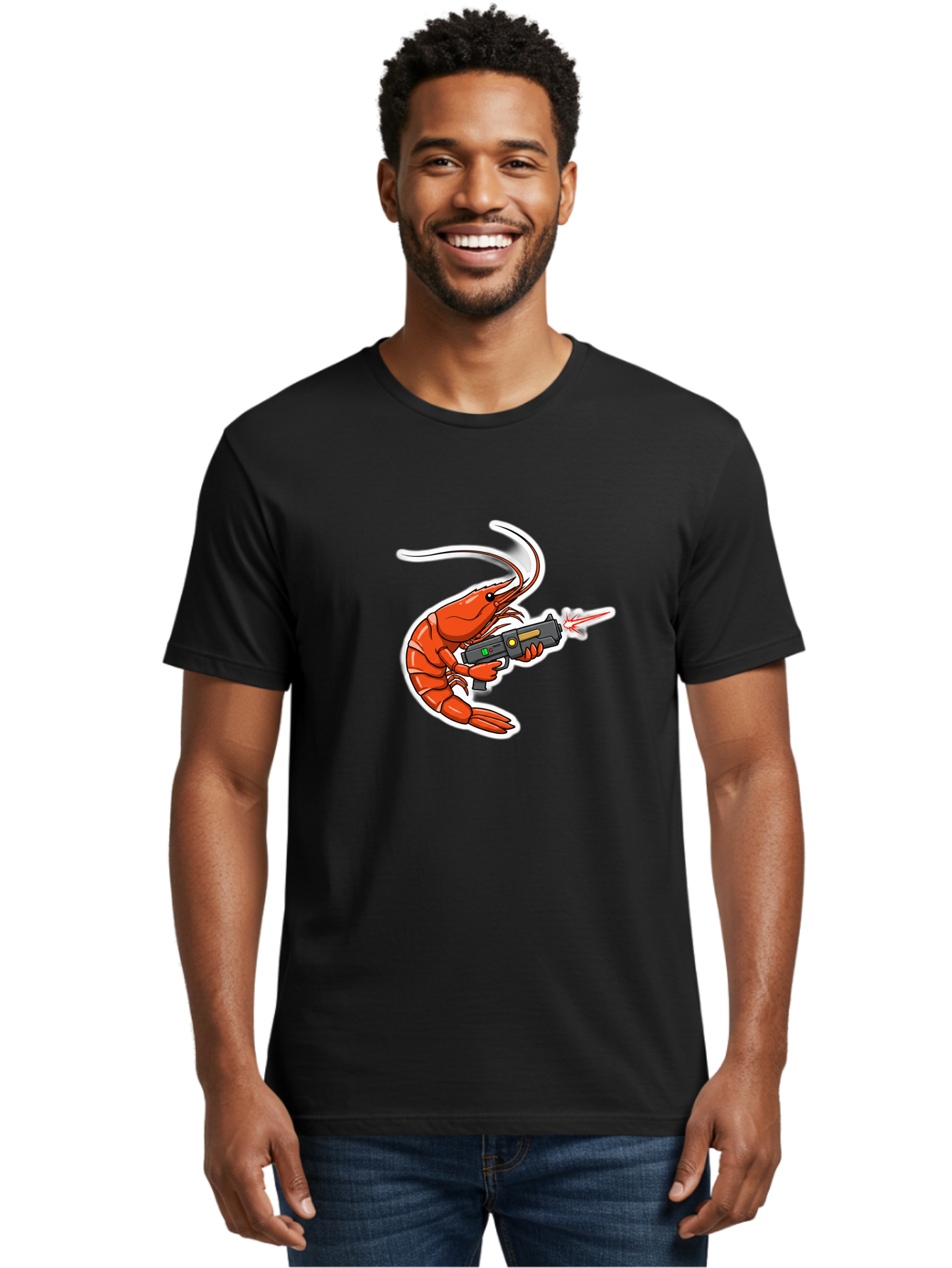 Shrimp-With-Gun-2 Men'S Graphic Tee, 100% Cotton, Comfortable Casual Summer Wear, Machine Washable, Vintage Camera, Old Camera, Antique Camera, Black Camera, Classic Photography, Photography Equipment, Nostalgic Device, Film Camera, Camera Art Ban461
