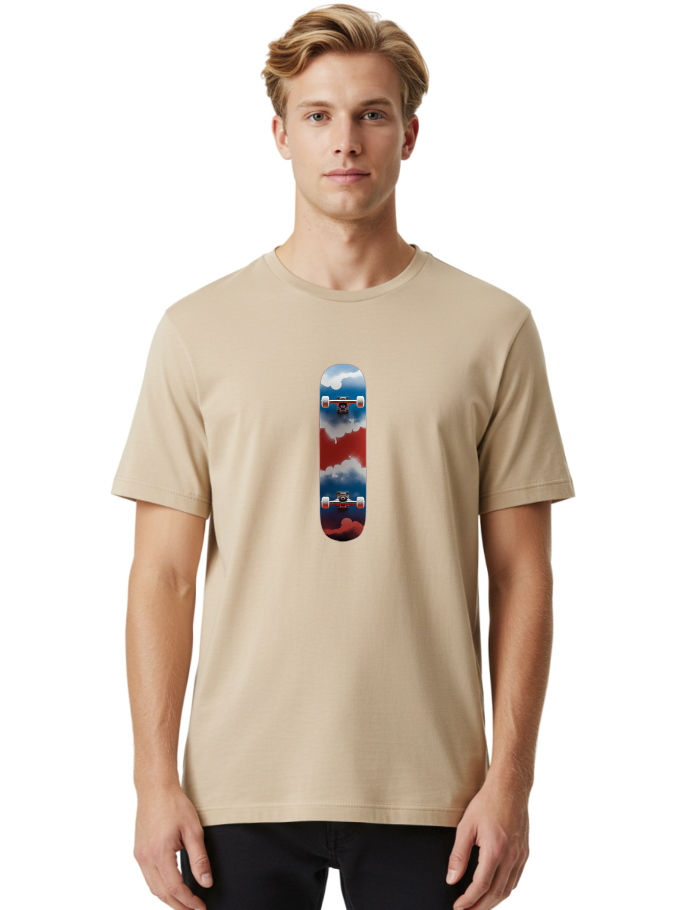 Skateboard-Flying-With-Clouds Men'S Graphic Tee, 100% Cotton, Comfortable Casual Summer Wear, Machine Washable, Vintage Camera, Old Camera, Antique Camera, Black Camera, Classic Photography, Photography Equipment, Nostalgic Device, Ban473