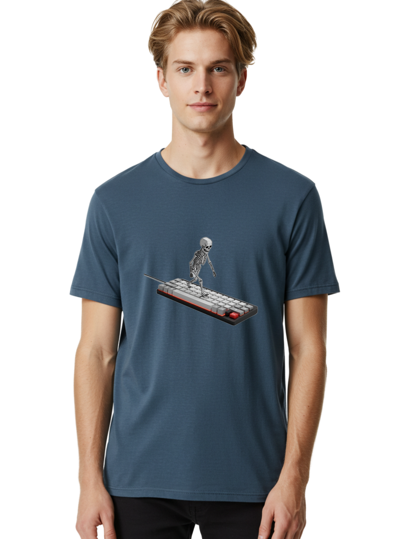 Skeleton-On-Keyboard Men'S Graphic Tee, 100% Cotton, Comfortable Casual Summer Wear, Machine Washable, Vintage Camera, Old Camera, Antique Camera, Black Camera, Classic Photography, Photography Equipment, Nostalgic Device, Film Camera, Ban482