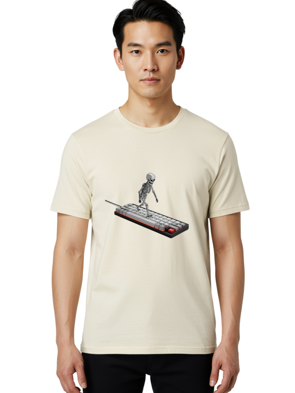 Skeleton-On-Keyboard Men'S Graphic Tee, 100% Cotton, Comfortable Casual Summer Wear, Machine Washable, Vintage Camera, Old Camera, Antique Camera, Black Camera, Classic Photography, Photography Equipment, Nostalgic Device, Film Camera, Ban482