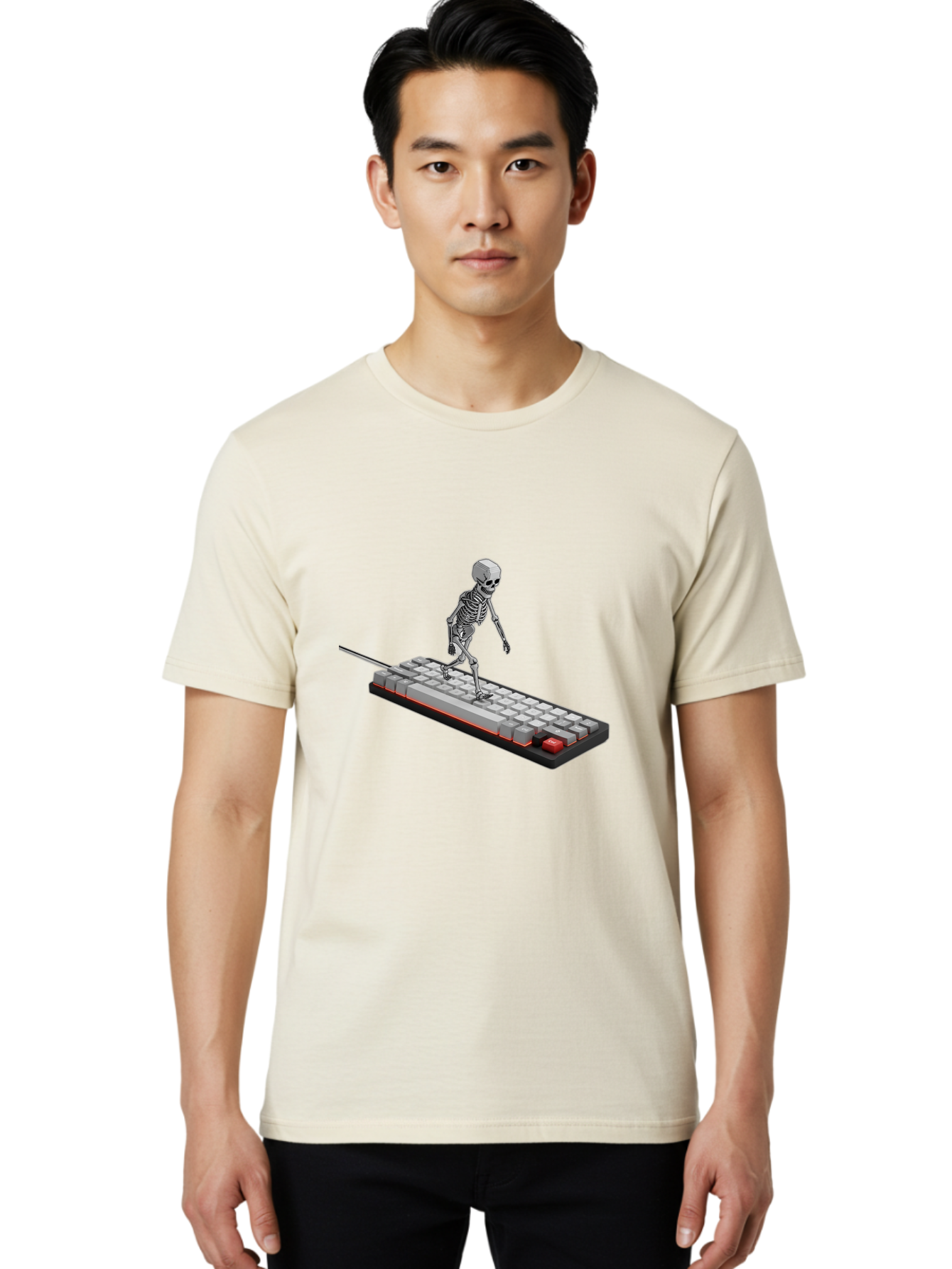 Skeleton-On-Keyboard Men'S Graphic Tee, 100% Cotton, Comfortable Casual Summer Wear, Machine Washable, Vintage Camera, Old Camera, Antique Camera, Black Camera, Classic Photography, Photography Equipment, Nostalgic Device, Film Camera, Ban482
