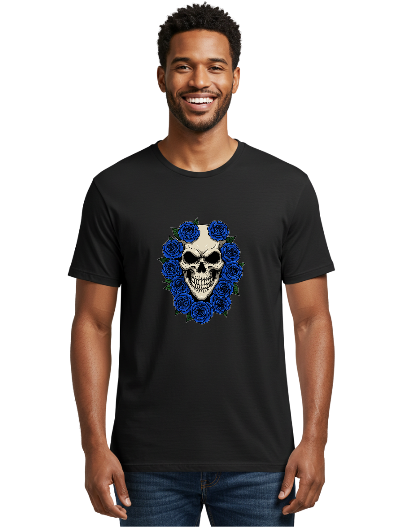 Skull-With-Blue-Roses Men'S Graphic Tee, 100% Cotton, Comfortable Casual Summer Wear, Machine Washable, Vintage Camera, Old Camera, Antique Camera, Black Camera, Classic Photography, Photography Equipment, Nostalgic Device, Film Camera, Ban485