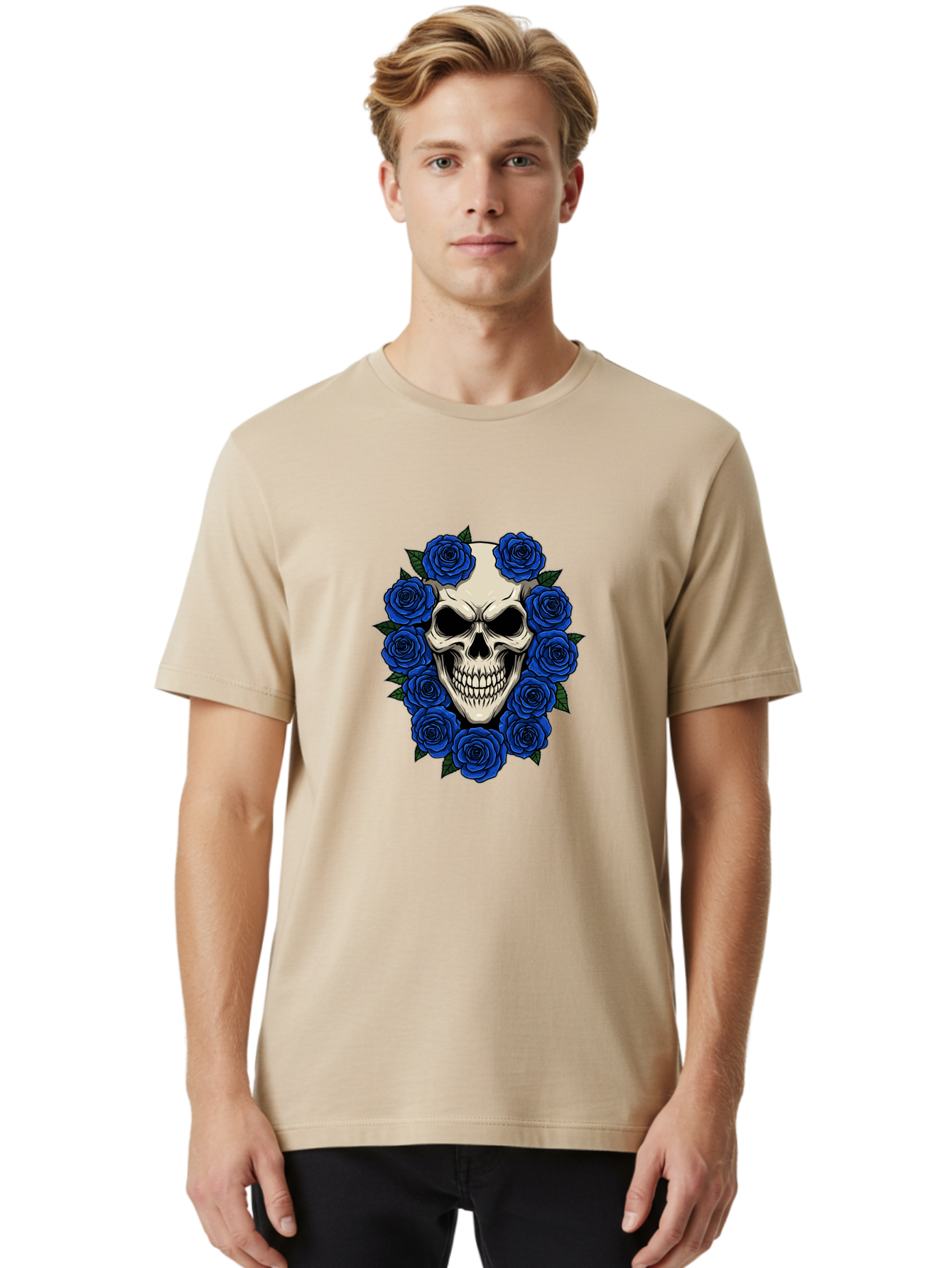 Skull-With-Blue-Roses Men'S Graphic Tee, 100% Cotton, Comfortable Casual Summer Wear, Machine Washable, Vintage Camera, Old Camera, Antique Camera, Black Camera, Classic Photography, Photography Equipment, Nostalgic Device, Film Camera, Ban485