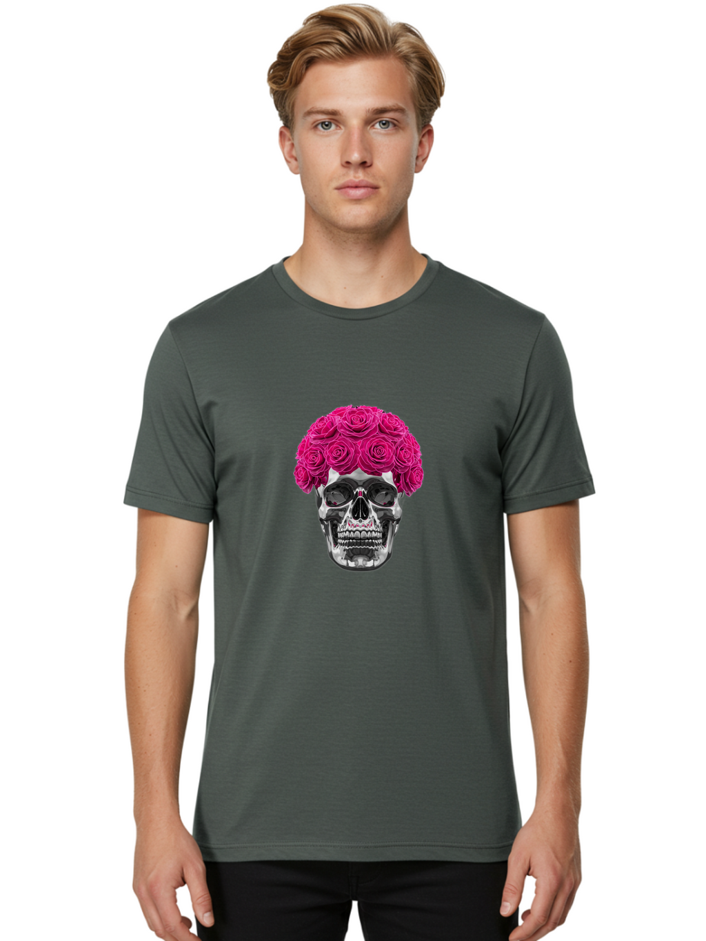 Skull-With-Pink-Roses Men'S Graphic Tee, 100% Cotton, Comfortable Casual Summer Wear, Machine Washable, Vintage Camera, Old Camera, Antique Camera, Black Camera, Classic Photography, Photography Equipment, Nostalgic Device, Film Camera, Ban487