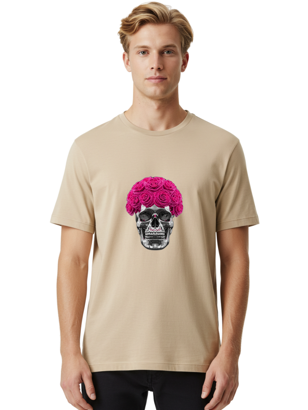 Skull-With-Pink-Roses Men'S Graphic Tee, 100% Cotton, Comfortable Casual Summer Wear, Machine Washable, Vintage Camera, Old Camera, Antique Camera, Black Camera, Classic Photography, Photography Equipment, Nostalgic Device, Film Camera, Ban487