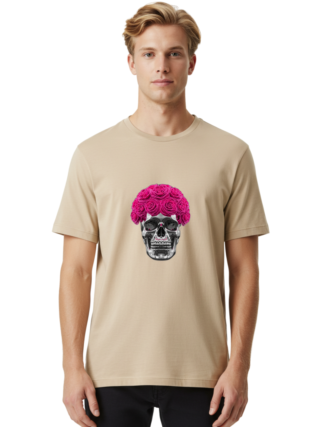 Skull-With-Pink-Roses Men'S Graphic Tee, 100% Cotton, Comfortable Casual Summer Wear, Machine Washable, Vintage Camera, Old Camera, Antique Camera, Black Camera, Classic Photography, Photography Equipment, Nostalgic Device, Film Camera, Ban487