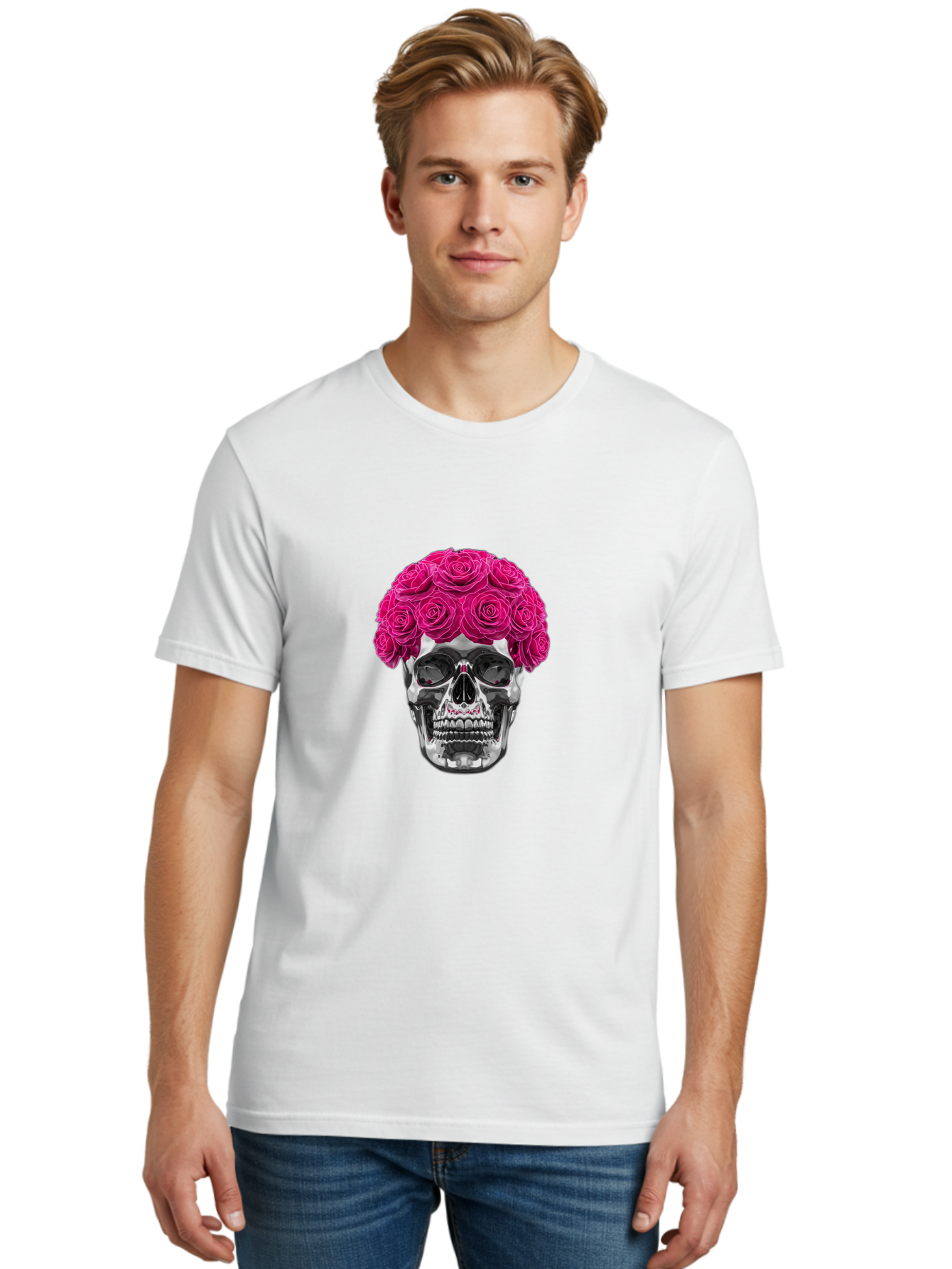 Skull-With-Pink-Roses Men'S Graphic Tee, 100% Cotton, Comfortable Casual Summer Wear, Machine Washable, Vintage Camera, Old Camera, Antique Camera, Black Camera, Classic Photography, Photography Equipment, Nostalgic Device, Film Camera, Ban487