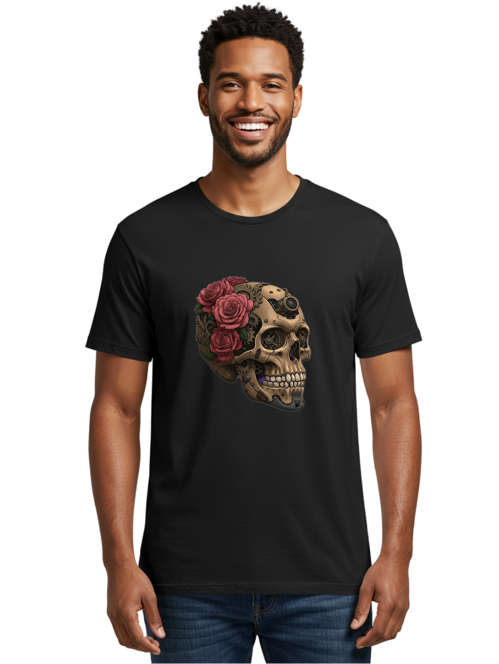 Skull-With-Red-Roses-1 Men'S Graphic Tee, 100% Cotton, Comfortable Casual Summer Wear, Machine Washable, Vintage Camera, Old Camera, Antique Camera, Black Camera, Classic Photography, Photography Equipment, Nostalgic Device, Film Camera, Ban488