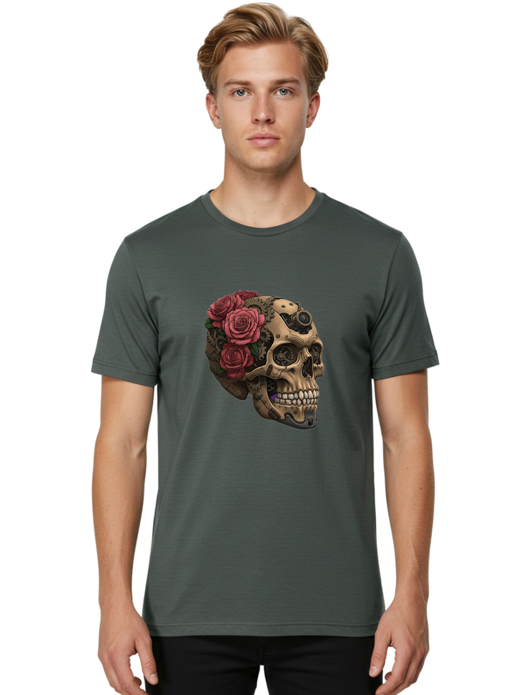 Skull-With-Red-Roses-1 Men'S Graphic Tee, 100% Cotton, Comfortable Casual Summer Wear, Machine Washable, Vintage Camera, Old Camera, Antique Camera, Black Camera, Classic Photography, Photography Equipment, Nostalgic Device, Film Camera, Ban488