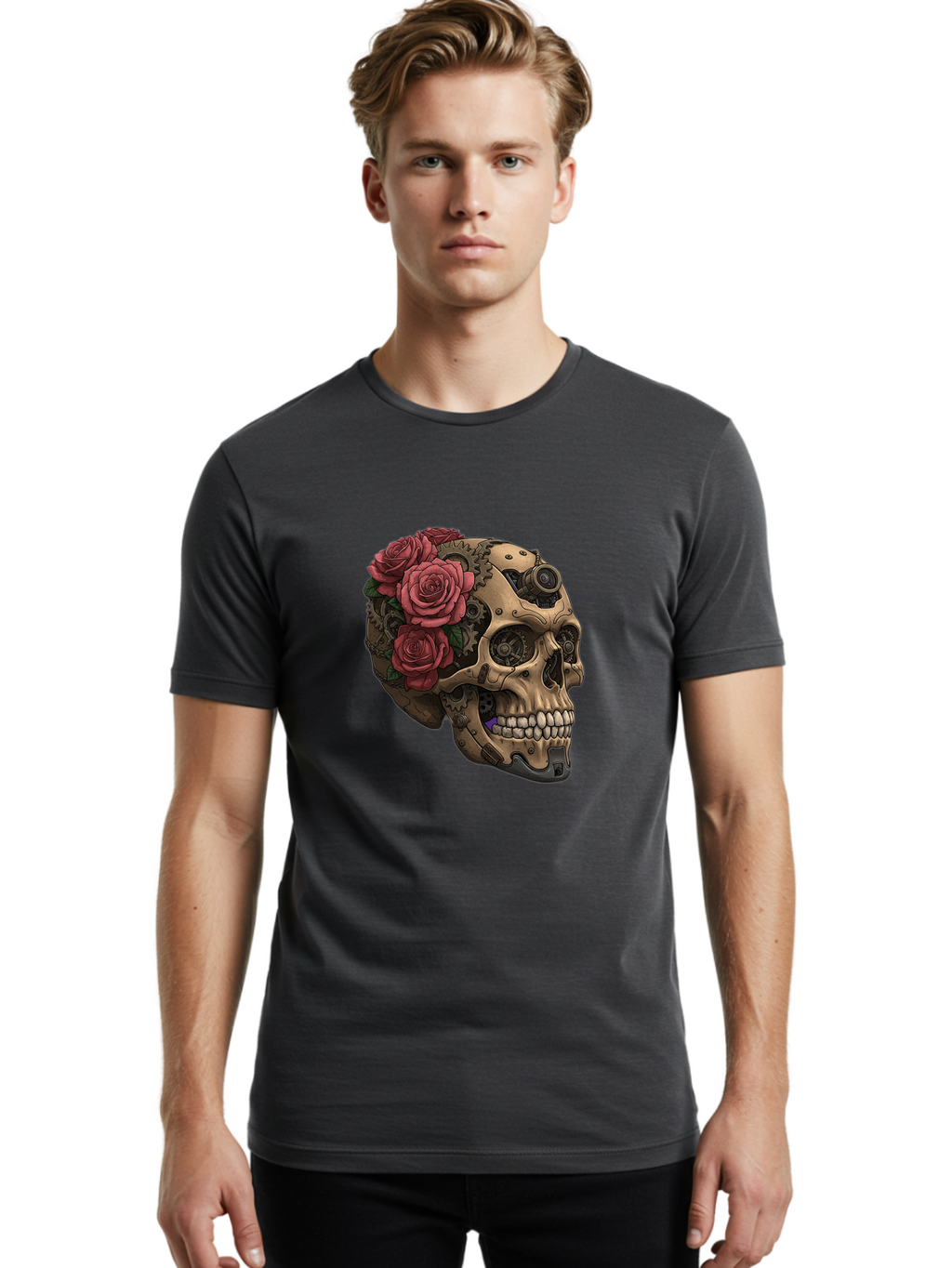 Skull-With-Red-Roses-1 Men'S Graphic Tee, 100% Cotton, Comfortable Casual Summer Wear, Machine Washable, Vintage Camera, Old Camera, Antique Camera, Black Camera, Classic Photography, Photography Equipment, Nostalgic Device, Film Camera, Ban488