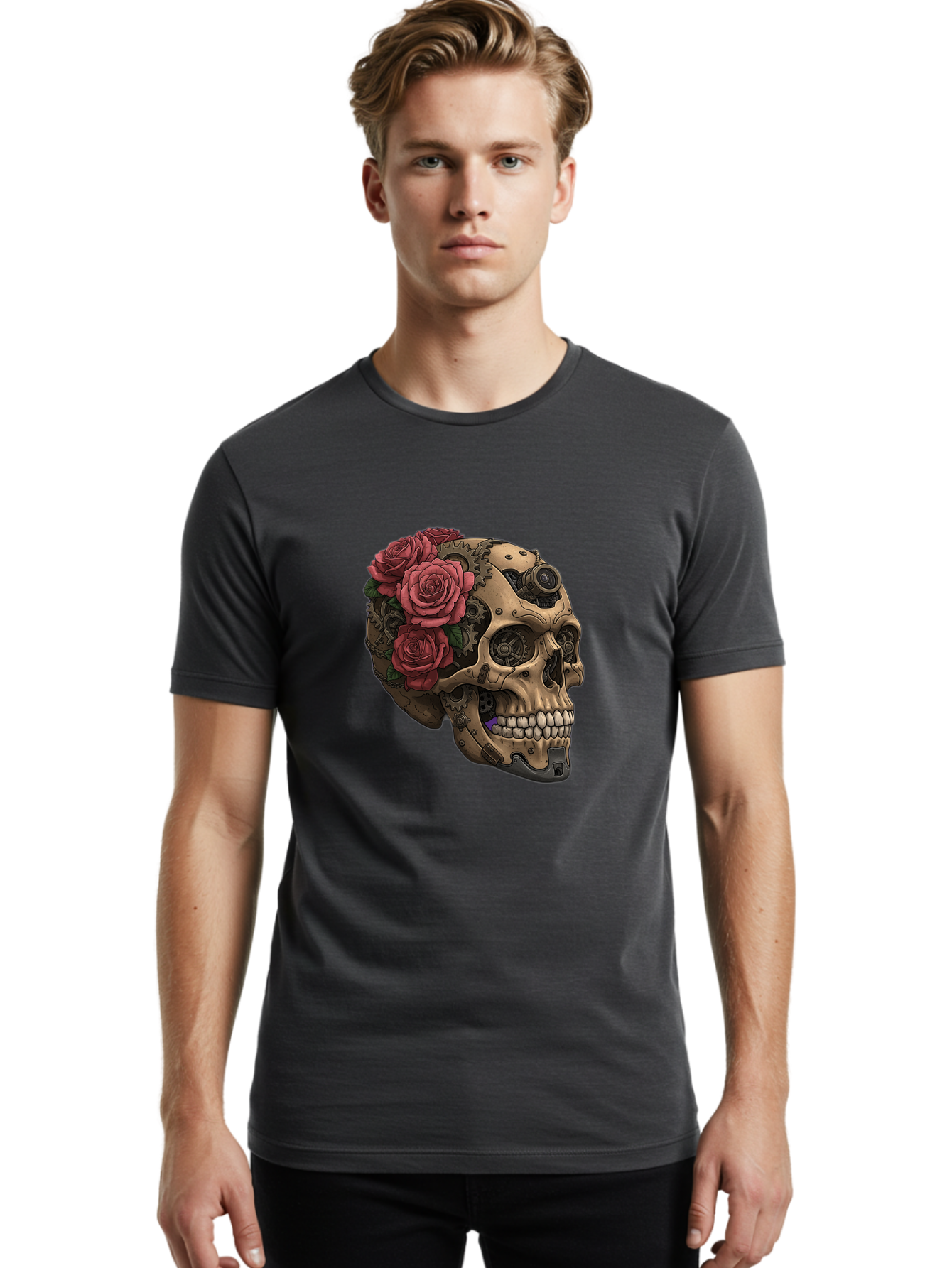 Skull-With-Red-Roses-1 Men'S Graphic Tee, 100% Cotton, Comfortable Casual Summer Wear, Machine Washable, Vintage Camera, Old Camera, Antique Camera, Black Camera, Classic Photography, Photography Equipment, Nostalgic Device, Film Camera, Ban488