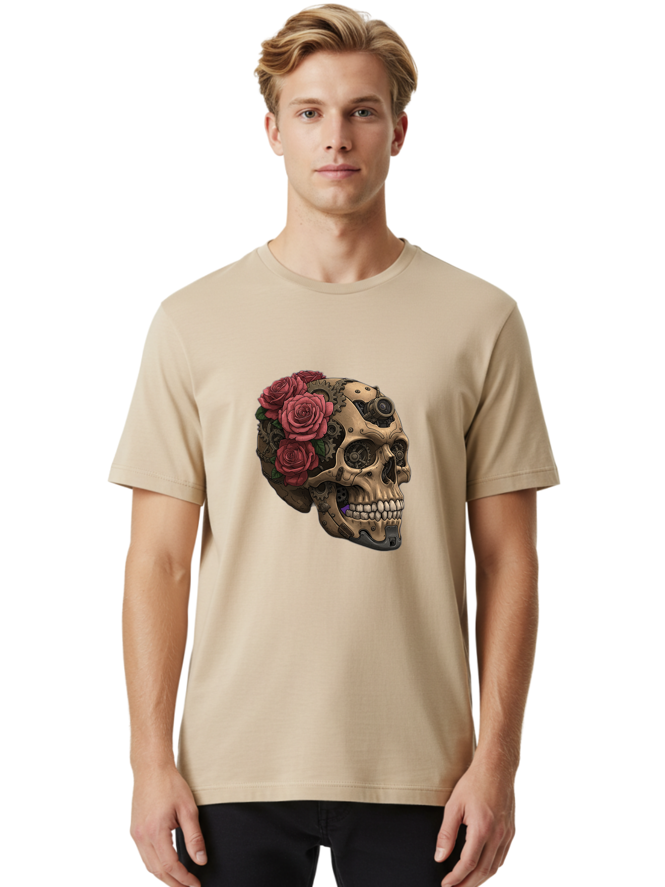 Skull-With-Red-Roses-1 Men'S Graphic Tee, 100% Cotton, Comfortable Casual Summer Wear, Machine Washable, Vintage Camera, Old Camera, Antique Camera, Black Camera, Classic Photography, Photography Equipment, Nostalgic Device, Film Camera, Ban488