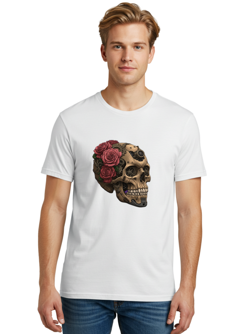 Skull-With-Red-Roses-1 Men'S Graphic Tee, 100% Cotton, Comfortable Casual Summer Wear, Machine Washable, Vintage Camera, Old Camera, Antique Camera, Black Camera, Classic Photography, Photography Equipment, Nostalgic Device, Film Camera, Ban488