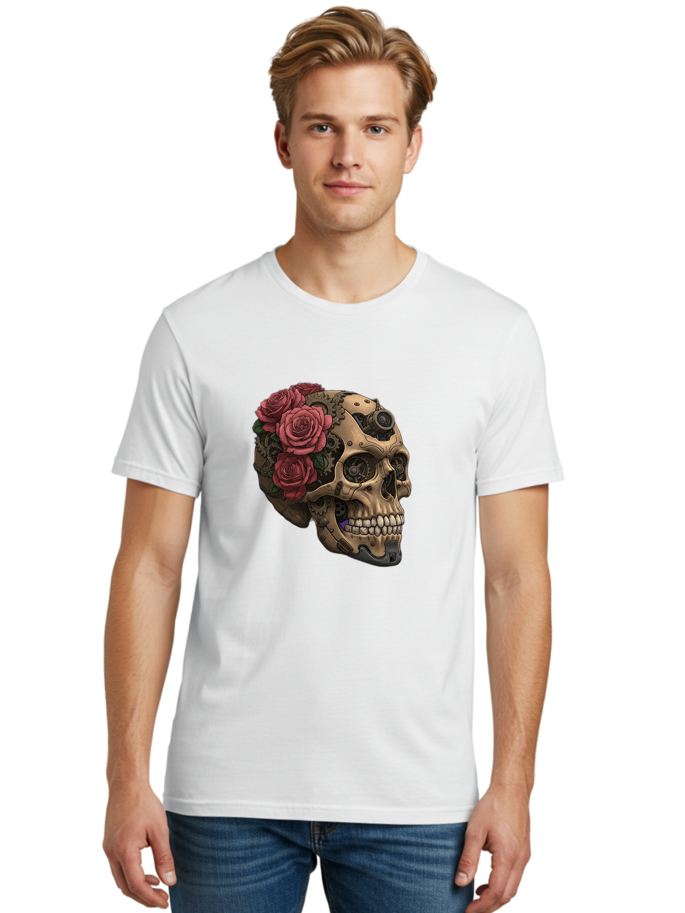 Skull-With-Red-Roses-1 Men'S Graphic Tee, 100% Cotton, Comfortable Casual Summer Wear, Machine Washable, Vintage Camera, Old Camera, Antique Camera, Black Camera, Classic Photography, Photography Equipment, Nostalgic Device, Film Camera, Ban488