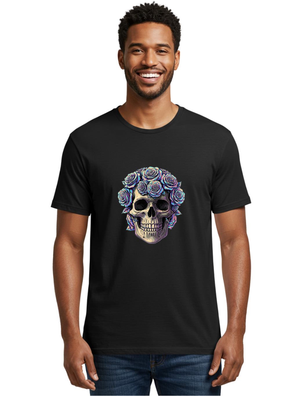 Skull-With-Roses-1 Men'S Graphic Tee, 100% Cotton, Comfortable Casual Summer Wear, Machine Washable, Vintage Camera, Old Camera, Antique Camera, Black Camera, Classic Photography, Photography Equipment, Nostalgic Device, Film Camera, Ban490