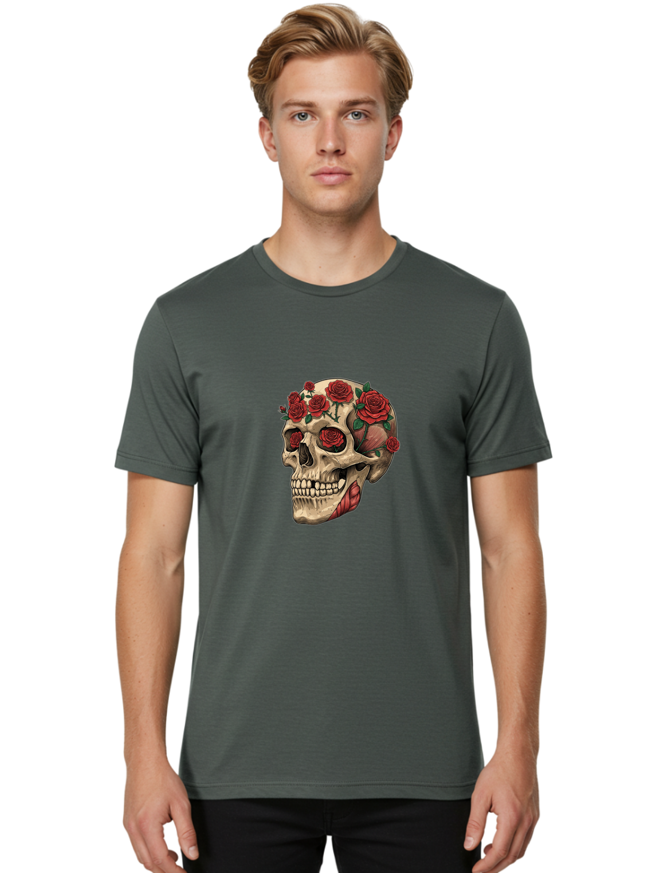 Skull-With-Roses-4 Men'S Graphic Tee, 100% Cotton, Comfortable Casual Summer Wear, Machine Washable, Vintage Camera, Old Camera, Antique Camera, Black Camera, Classic Photography, Photography Equipment, Nostalgic Device, Film Camera, Ban493