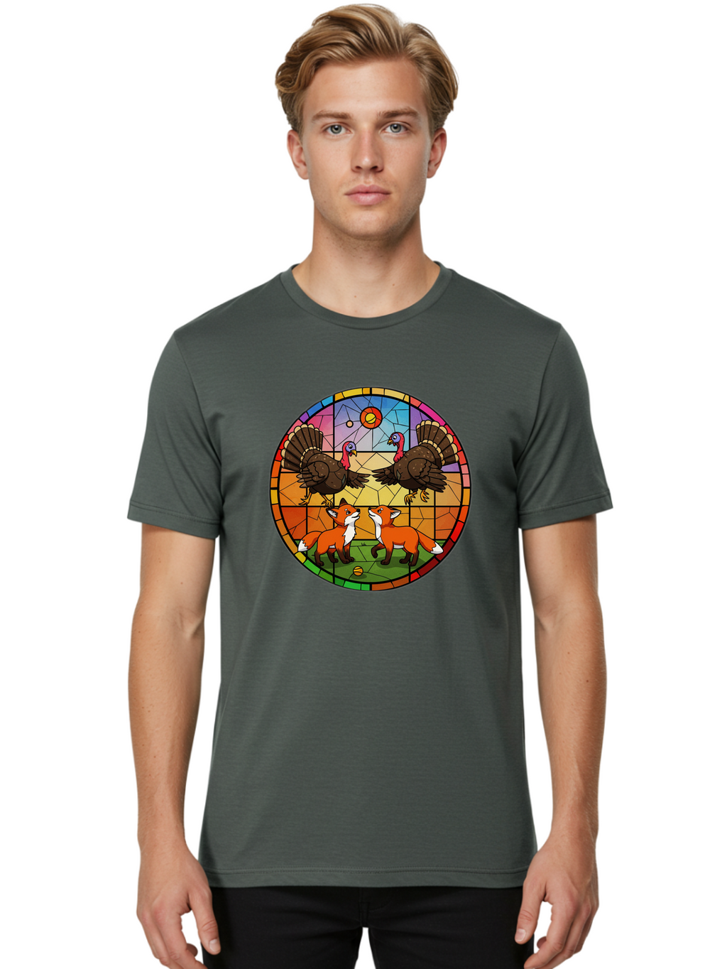 Stained-Glass-Turkeys-And-Foxes Men'S Graphic Tee, 100% Cotton, Comfortable Casual Summer Wear, Machine Washable, Vintage Camera, Old Camera, Antique Camera, Black Camera, Classic Photography, Photography Equipment, Nostalgic Device, Ban606
