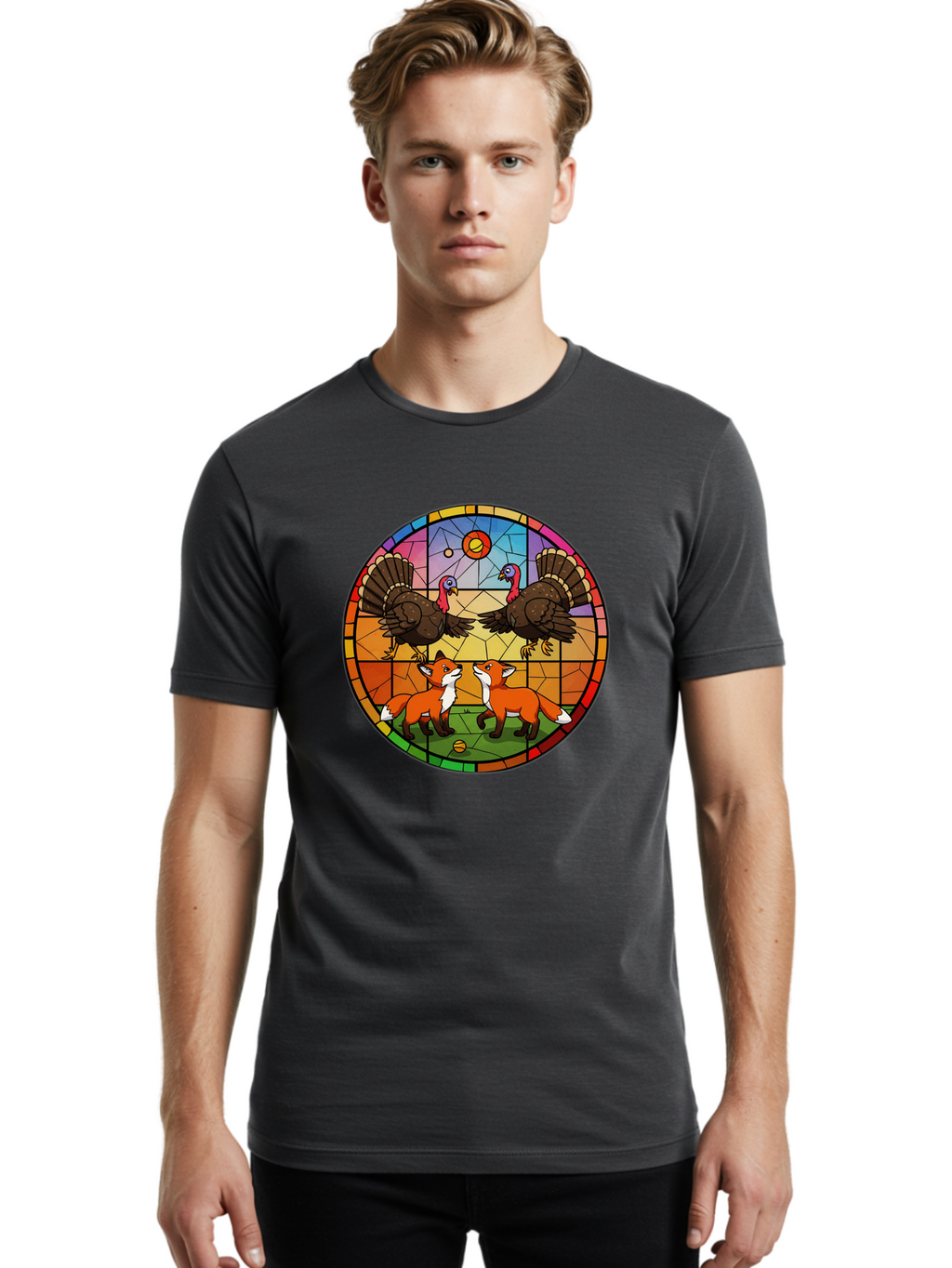 Stained-Glass-Turkeys-And-Foxes Men'S Graphic Tee, 100% Cotton, Comfortable Casual Summer Wear, Machine Washable, Vintage Camera, Old Camera, Antique Camera, Black Camera, Classic Photography, Photography Equipment, Nostalgic Device, Ban606