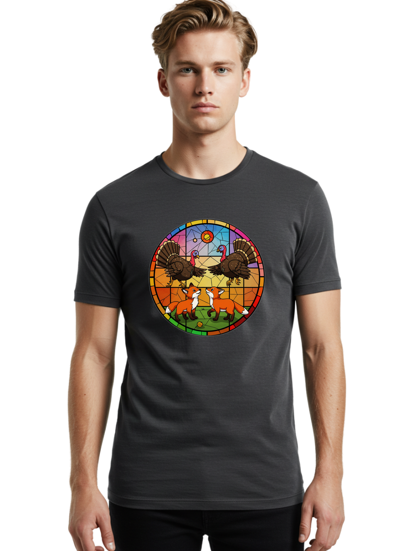 Stained-Glass-Turkeys-And-Foxes Men'S Graphic Tee, 100% Cotton, Comfortable Casual Summer Wear, Machine Washable, Vintage Camera, Old Camera, Antique Camera, Black Camera, Classic Photography, Photography Equipment, Nostalgic Device, Ban606