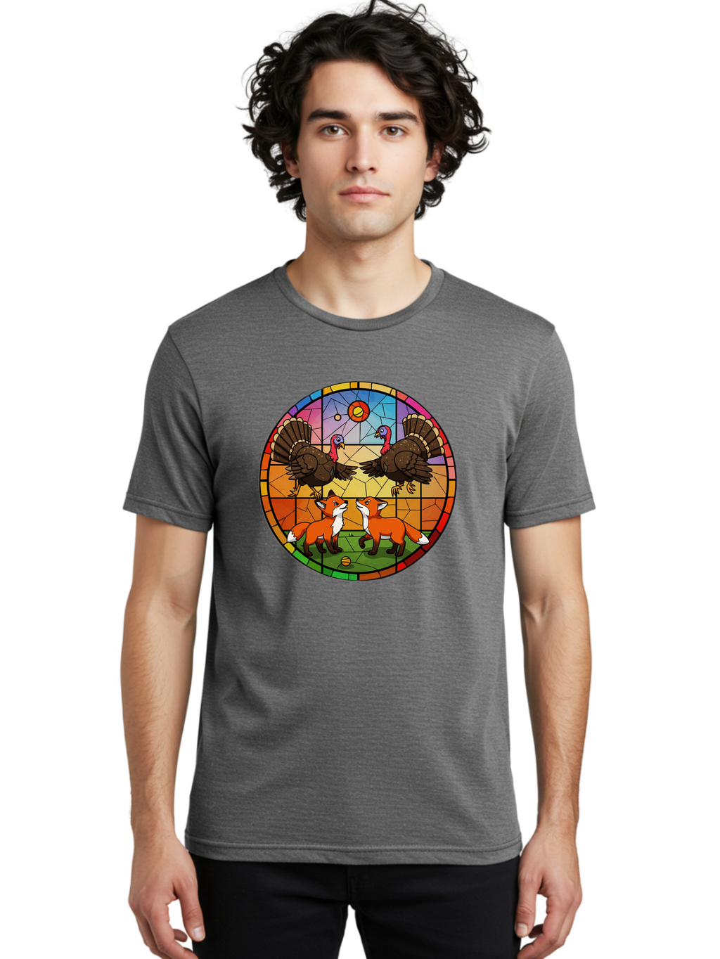 Stained-Glass-Turkeys-And-Foxes Men'S Graphic Tee, 100% Cotton, Comfortable Casual Summer Wear, Machine Washable, Vintage Camera, Old Camera, Antique Camera, Black Camera, Classic Photography, Photography Equipment, Nostalgic Device, Ban606