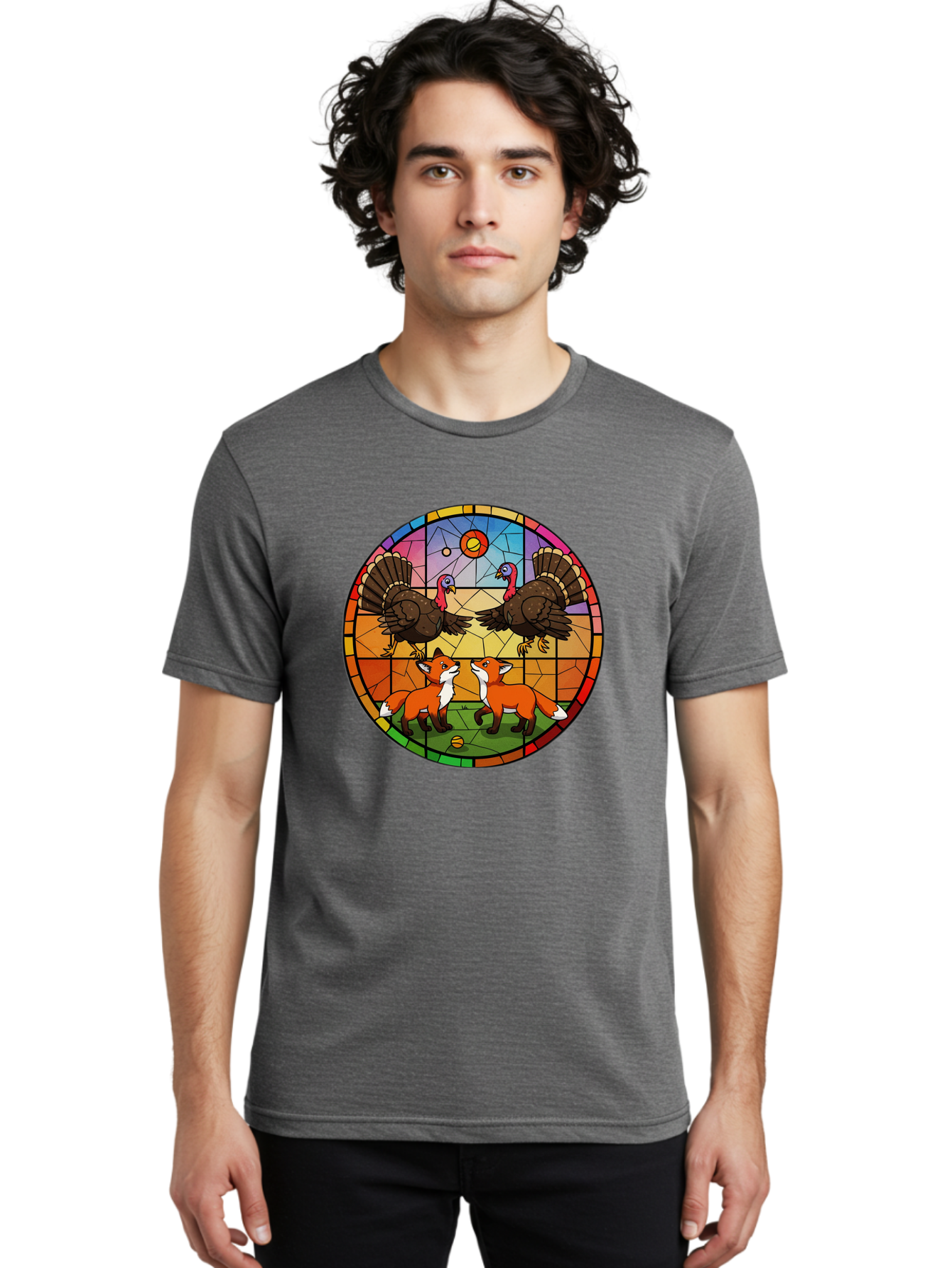 Stained-Glass-Turkeys-And-Foxes Men'S Graphic Tee, 100% Cotton, Comfortable Casual Summer Wear, Machine Washable, Vintage Camera, Old Camera, Antique Camera, Black Camera, Classic Photography, Photography Equipment, Nostalgic Device, Ban606