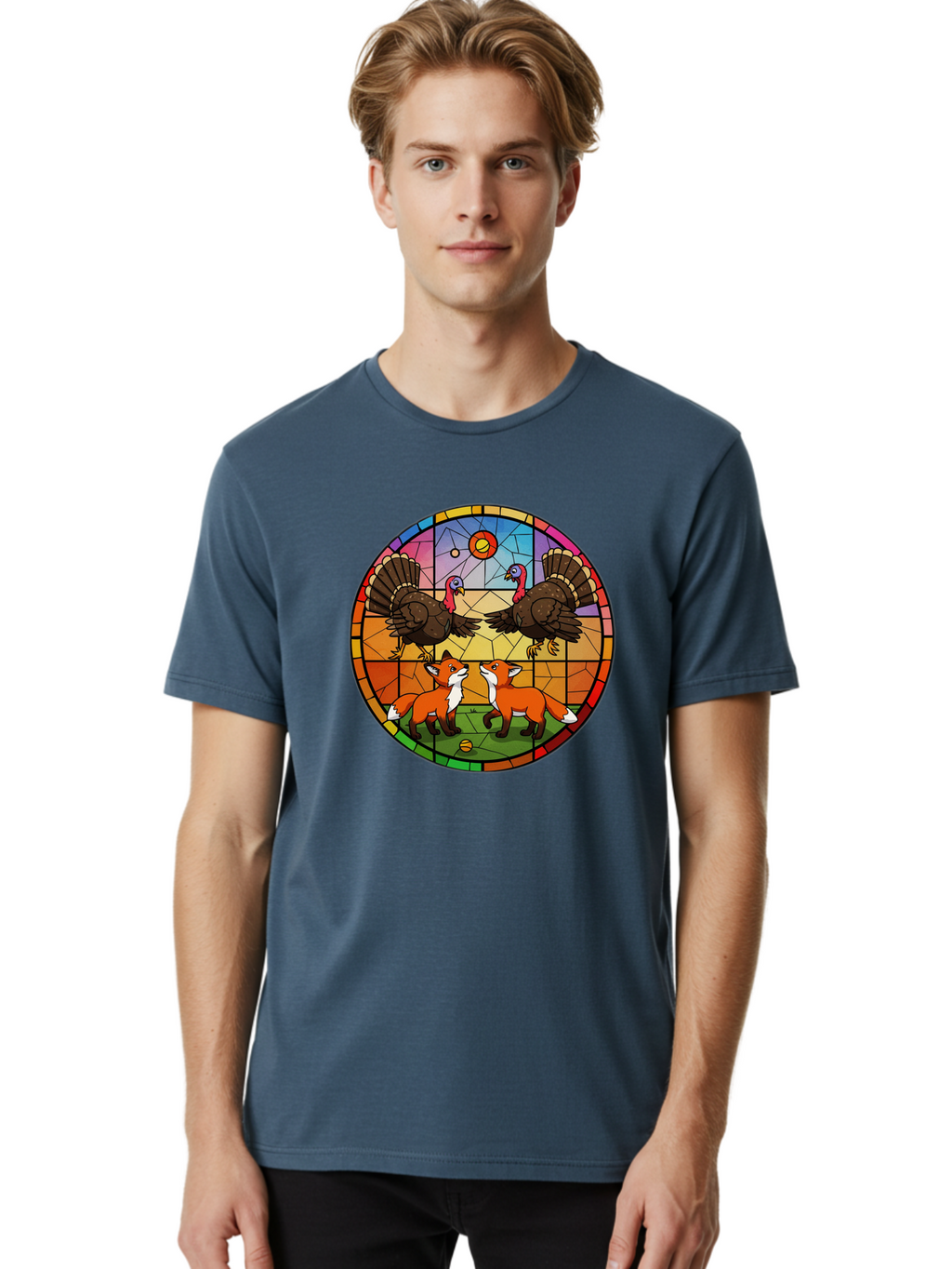 Stained-Glass-Turkeys-And-Foxes Men'S Graphic Tee, 100% Cotton, Comfortable Casual Summer Wear, Machine Washable, Vintage Camera, Old Camera, Antique Camera, Black Camera, Classic Photography, Photography Equipment, Nostalgic Device, Ban606