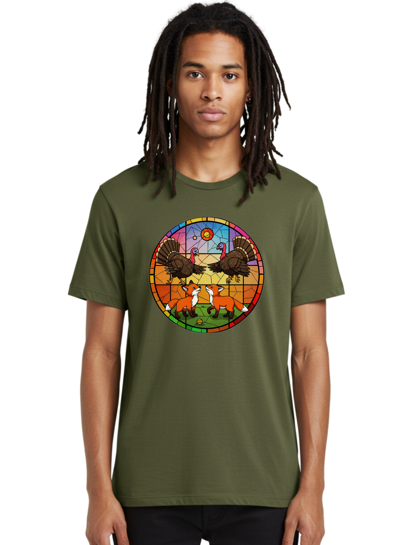 Stained-Glass-Turkeys-And-Foxes Men'S Graphic Tee, 100% Cotton, Comfortable Casual Summer Wear, Machine Washable, Vintage Camera, Old Camera, Antique Camera, Black Camera, Classic Photography, Photography Equipment, Nostalgic Device, Ban606