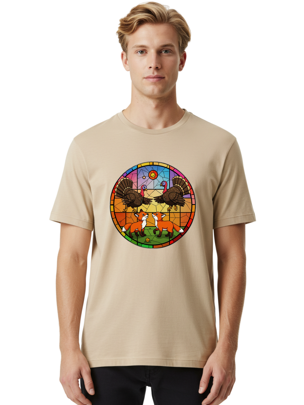 Stained-Glass-Turkeys-And-Foxes Men'S Graphic Tee, 100% Cotton, Comfortable Casual Summer Wear, Machine Washable, Vintage Camera, Old Camera, Antique Camera, Black Camera, Classic Photography, Photography Equipment, Nostalgic Device, Ban606