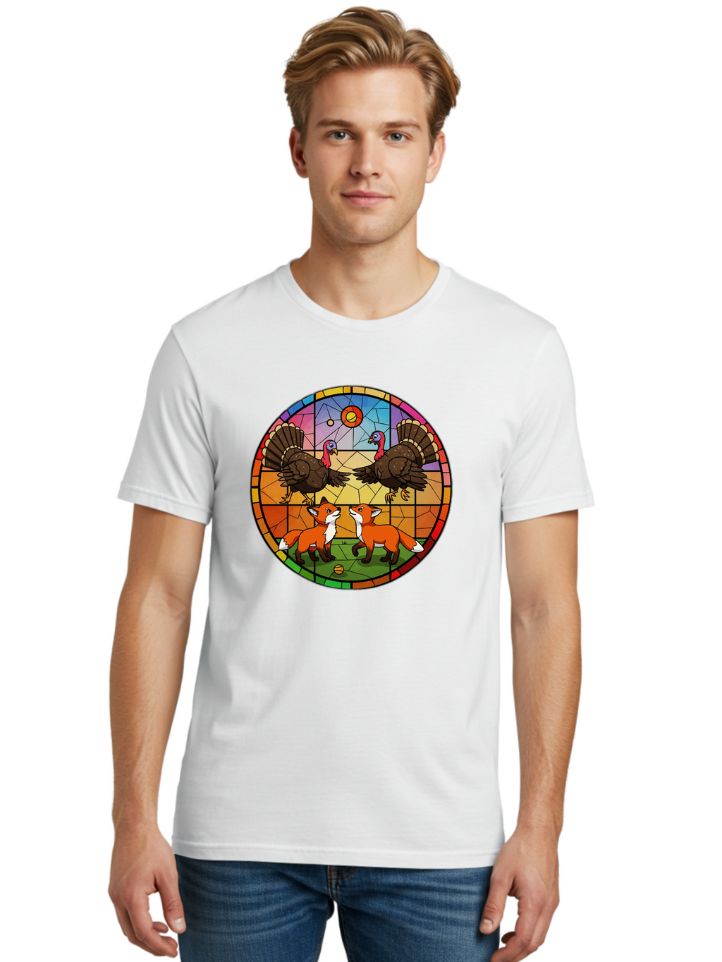 Stained-Glass-Turkeys-And-Foxes Men'S Graphic Tee, 100% Cotton, Comfortable Casual Summer Wear, Machine Washable, Vintage Camera, Old Camera, Antique Camera, Black Camera, Classic Photography, Photography Equipment, Nostalgic Device, Ban606