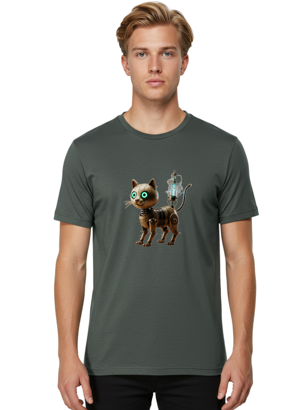Steampunk-Cat-Robot Men'S Graphic Tee, 100% Cotton, Comfortable Casual Summer Wear, Machine Washable, Vintage Camera, Old Camera, Antique Camera, Black Camera, Classic Photography, Photography Equipment, Nostalgic Device, Film Camera, Ban615
