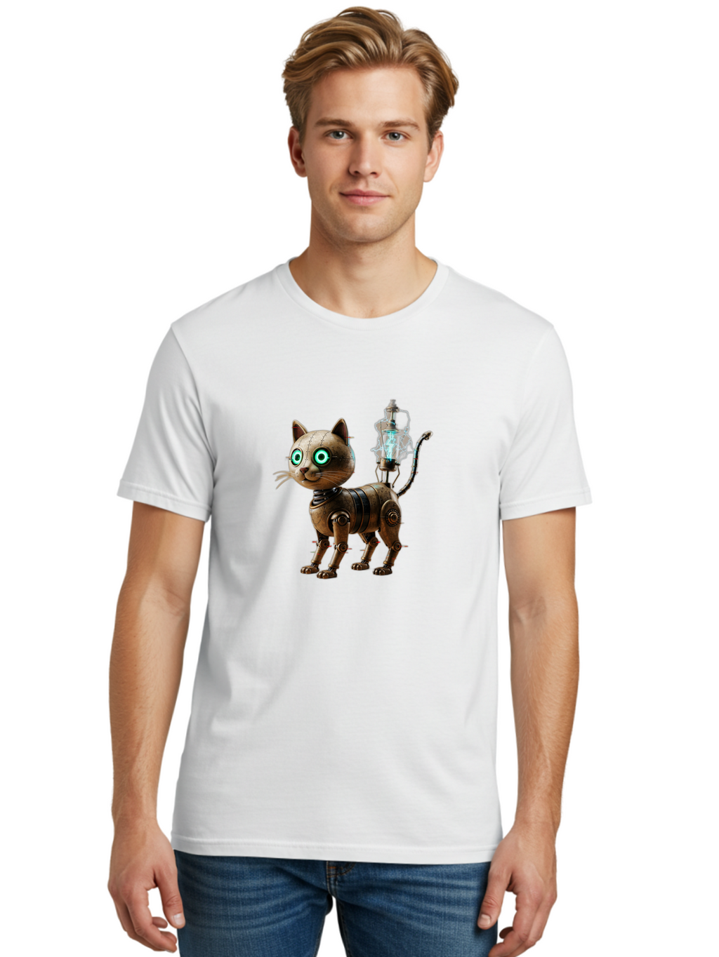 Steampunk-Cat-Robot Men'S Graphic Tee, 100% Cotton, Comfortable Casual Summer Wear, Machine Washable, Vintage Camera, Old Camera, Antique Camera, Black Camera, Classic Photography, Photography Equipment, Nostalgic Device, Film Camera, Ban615