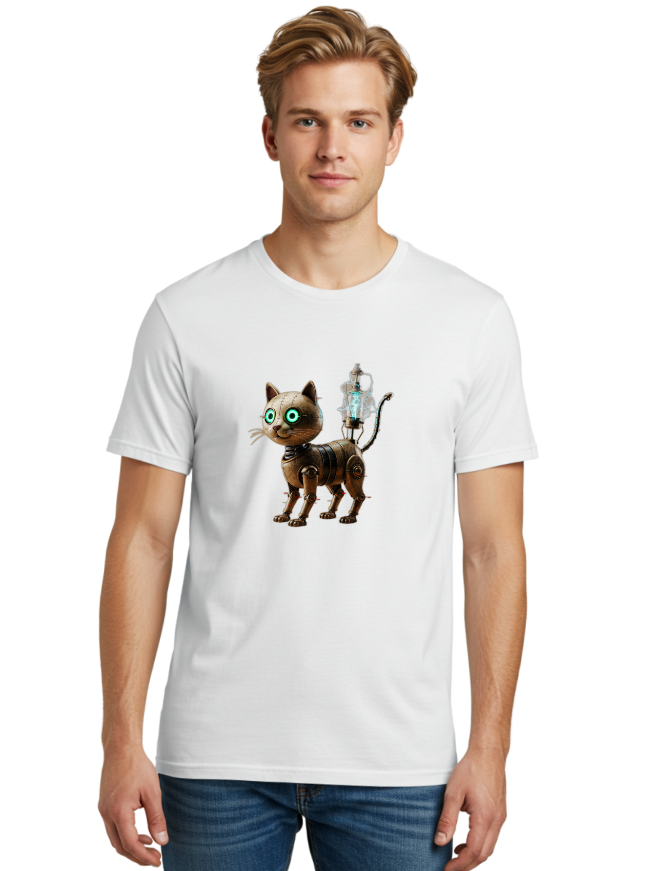 Steampunk-Cat-Robot Men'S Graphic Tee, 100% Cotton, Comfortable Casual Summer Wear, Machine Washable, Vintage Camera, Old Camera, Antique Camera, Black Camera, Classic Photography, Photography Equipment, Nostalgic Device, Film Camera, Ban615