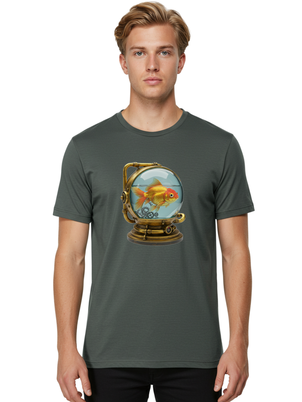 Steampunk-Goldfish Men'S Graphic Tee, 100% Cotton, Comfortable Casual Summer Wear, Machine Washable, Vintage Camera, Old Camera, Antique Camera, Black Camera, Classic Photography, Photography Equipment, Nostalgic Device, Film Camera, Ban620