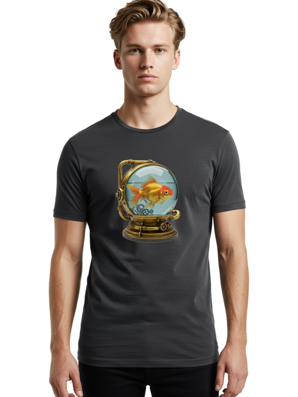 Steampunk-Goldfish Men'S Graphic Tee, 100% Cotton, Comfortable Casual Summer Wear, Machine Washable, Vintage Camera, Old Camera, Antique Camera, Black Camera, Classic Photography, Photography Equipment, Nostalgic Device, Film Camera, Ban620