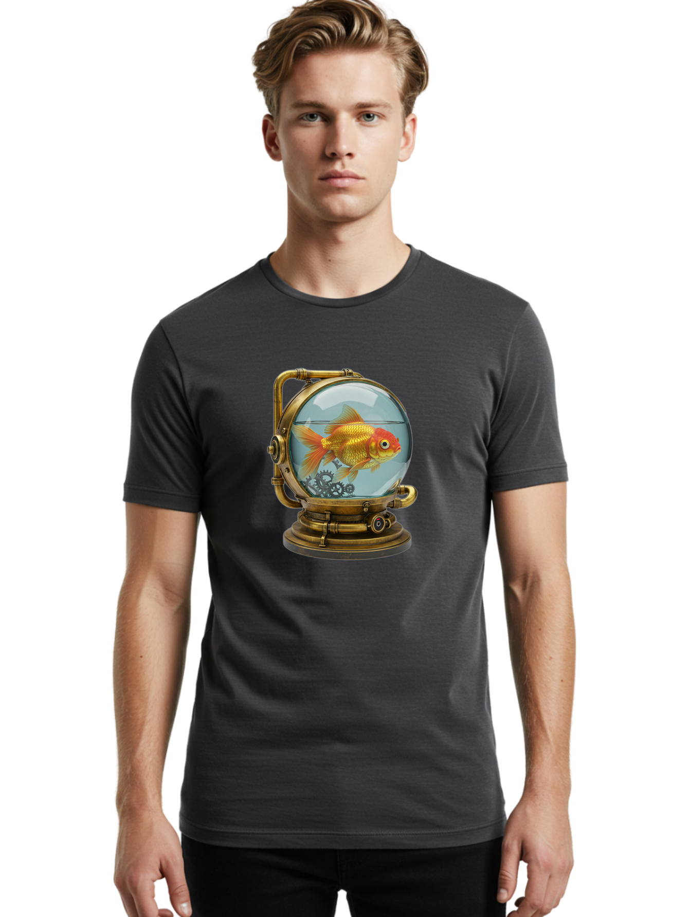 Steampunk-Goldfish Men'S Graphic Tee, 100% Cotton, Comfortable Casual Summer Wear, Machine Washable, Vintage Camera, Old Camera, Antique Camera, Black Camera, Classic Photography, Photography Equipment, Nostalgic Device, Film Camera, Ban620