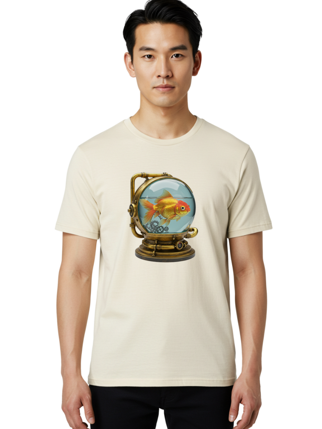 Steampunk-Goldfish Men'S Graphic Tee, 100% Cotton, Comfortable Casual Summer Wear, Machine Washable, Vintage Camera, Old Camera, Antique Camera, Black Camera, Classic Photography, Photography Equipment, Nostalgic Device, Film Camera, Ban620