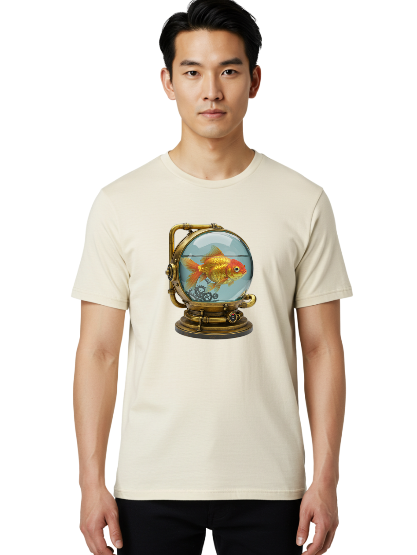 Steampunk-Goldfish Men'S Graphic Tee, 100% Cotton, Comfortable Casual Summer Wear, Machine Washable, Vintage Camera, Old Camera, Antique Camera, Black Camera, Classic Photography, Photography Equipment, Nostalgic Device, Film Camera, Ban620