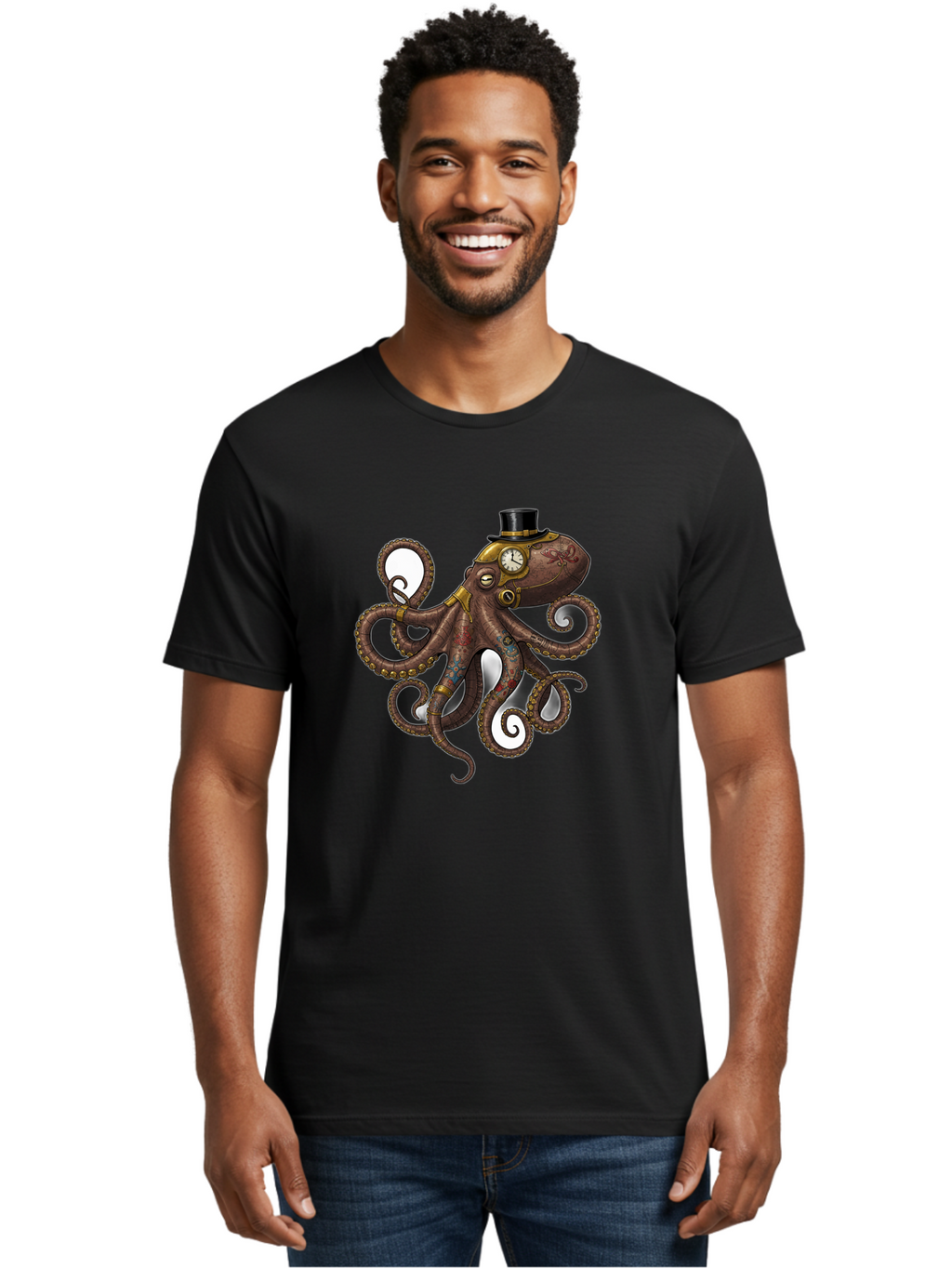 Steampunk-Octopus Men'S Graphic Tee, 100% Cotton, Comfortable Casual Summer Wear, Machine Washable, Vintage Camera, Old Camera, Antique Camera, Black Camera, Classic Photography, Photography Equipment, Nostalgic Device, Film Camera, Camera Art Ban622