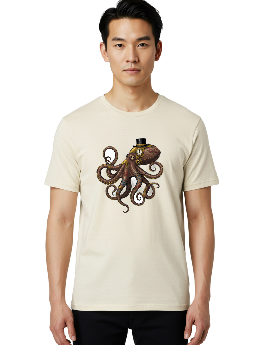 Steampunk-Octopus Men'S Graphic Tee, 100% Cotton, Comfortable Casual Summer Wear, Machine Washable, Vintage Camera, Old Camera, Antique Camera, Black Camera, Classic Photography, Photography Equipment, Nostalgic Device, Film Camera, Camera Art Ban622