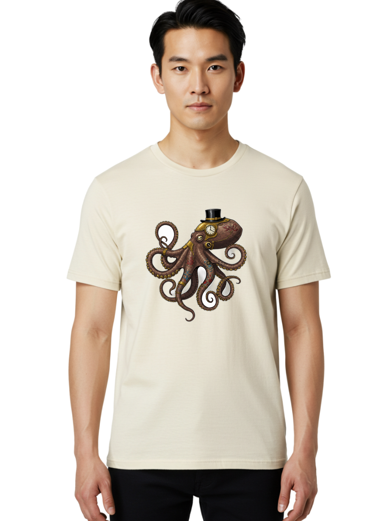 Steampunk-Octopus Men'S Graphic Tee, 100% Cotton, Comfortable Casual Summer Wear, Machine Washable, Vintage Camera, Old Camera, Antique Camera, Black Camera, Classic Photography, Photography Equipment, Nostalgic Device, Film Camera, Camera Art Ban622