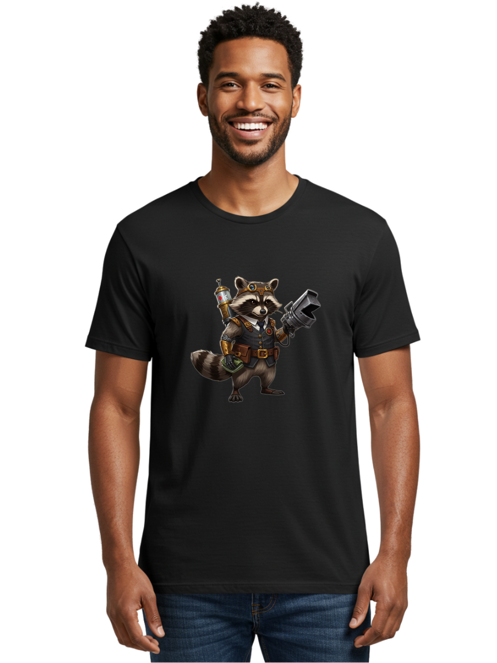 Steampunk-Raccoon Men'S Graphic Tee, 100% Cotton, Comfortable Casual Summer Wear, Machine Washable, Vintage Camera, Old Camera, Antique Camera, Black Camera, Classic Photography, Photography Equipment, Nostalgic Device, Film Camera, Camera Art Ban624